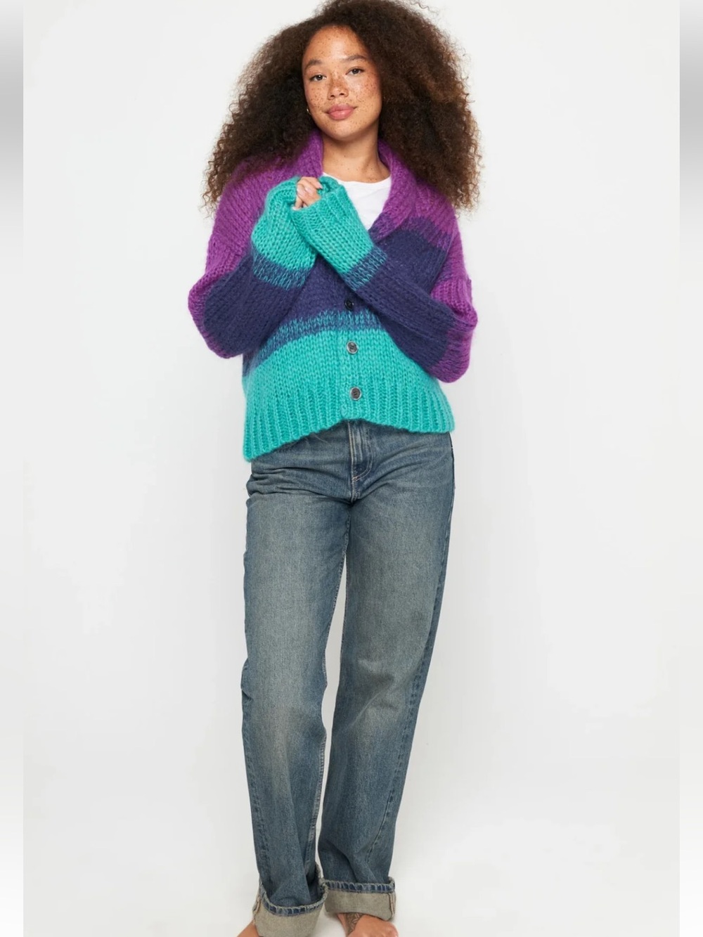 Spiritual Gangster Royce Cardigan NWT Small Purple Teal Navy Colorblock Sweater - Picture 11 of 11